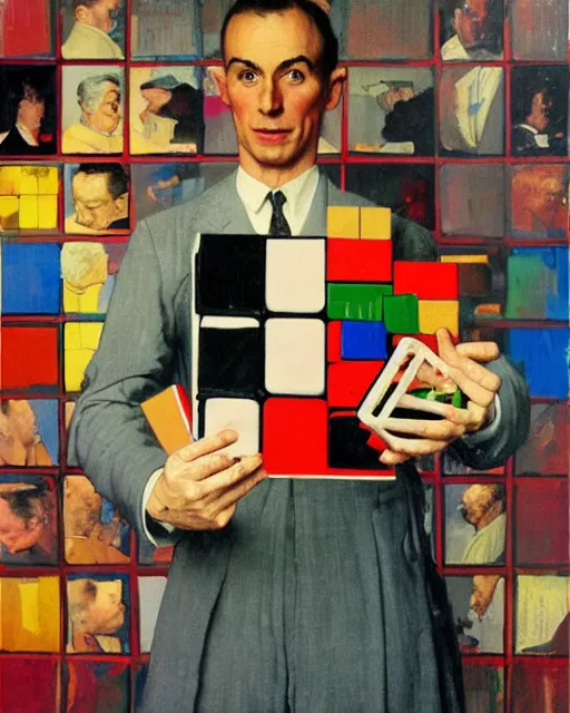 Image similar to A painting of a man with a head like a rubiks cube, Norman Rockwell painting of a man with rubiks cube head