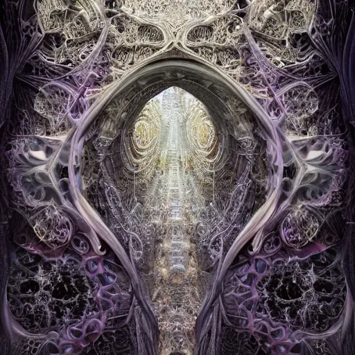 Prompt: a hyperrealistic 3 d painting of a delicate ivory sculpture of an ornate detailed cathedral populated by mandelbrot fractals by android jones, micro detail, unreal engine, volumetric lighting, dramatic lighting, psychedelic, octane renderer, catholicpunk, glowing, white color scheme, photorealistic, physically based rendering, angelic, colorful, carved soap, trending on cgsociety