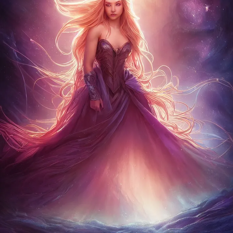 Image similar to beautiful cinematic fantasy poster, a long shot of a beautiful princess like a disney princess hybrid with flowing illuminated hair, beautiful glowing galaxy eyes, full subject in frame, wideshot ultrawide angle epic scale, hybrid from The Elden Ring and art direction by Darius Zawadzki ;by artgerm; wayne reynolds art station; cinematic quality character render; low angle; ultra high quality model; production quality cinema model;