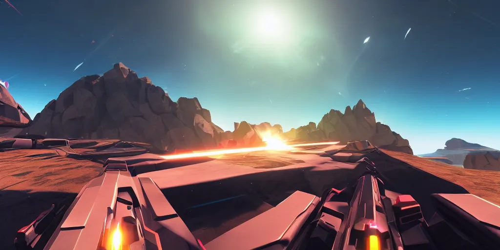 Image similar to screenshot of battlezone, videogame, vector, large mountains visible, axure sky, neon glow, lens flare