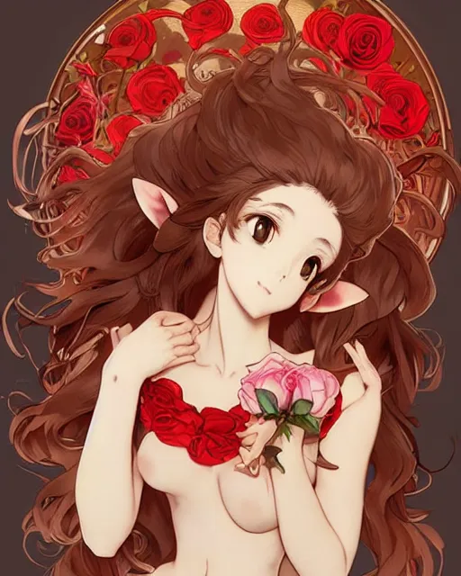 Image similar to A cute frontal fullbody painting of a beautiful anime skinny foxgirl with curly brown colored hair and fox ears on top of her head wearing a cute red dress with rose symbolic sitting on the stone looking at the viewer, elegant, delicate, soft lines, higly detailed, smooth , pixiv art, cgsociety, artgem, art by Gil Elvgren alphonse mucha, high quality, digital illustration, concept art