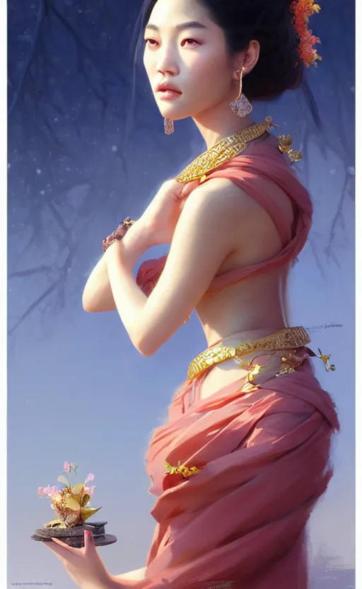 Image similar to a beautiful young charming asian goddess with sundress and jewelry | | winter, realistic shaded, unpleasant face, good looking, fine details, dior, lv, realistic shaded lighting poster by greg rutkowski, macoto takahashi, magali villeneuve, artgerm, jeremy lipkin and michael garmash