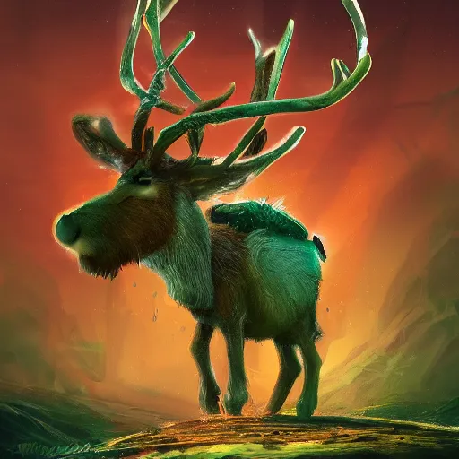 Image similar to A small reindeer king sitting on a green throne in Egypt, highly detailed portrait, scifi, digital painting, artstation, concept art, smooth, sharp foccus ilustration, Artstation HQ