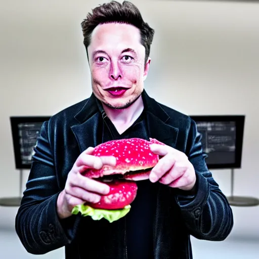 Prompt: elon musk eating a pink burger