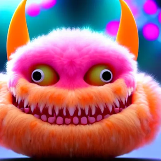 Image similar to an alien with a face that looks like a fuzzy peach the peach is fuzzy pink warm and ripe the alien has horns and a mean smile the alien has chicken feet cruel smile, 4k, highly detailed, high quality, amazing, high particle effects, glowing, majestic, soft lighting, detailed background