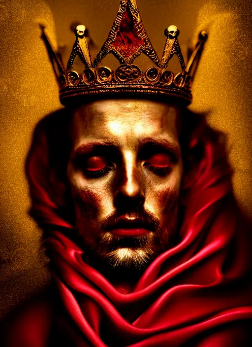 Image similar to 'Portrait of Crowned King Arthur' by Lee Jeffries royally decorated, whirling plasma, atmospheric motes, red and gold Sumptuous garb, gilt silk fabric, radiant colors, fantasy, perfect lighting, studio lit, micro details,