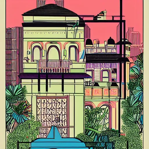 Prompt: vibrant artdeco mansion set on the banks of the sienne, mcbess illustration