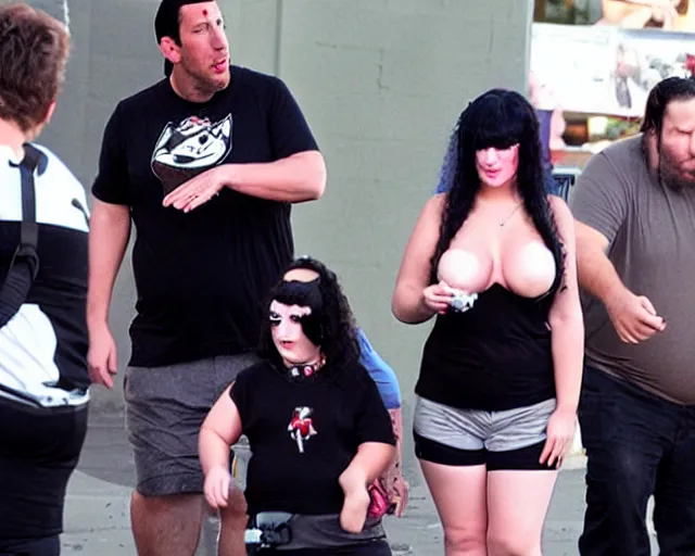 Image similar to fat gamer adam sandler wearing gamer shorts. surrounded by adoring female goth vampires.