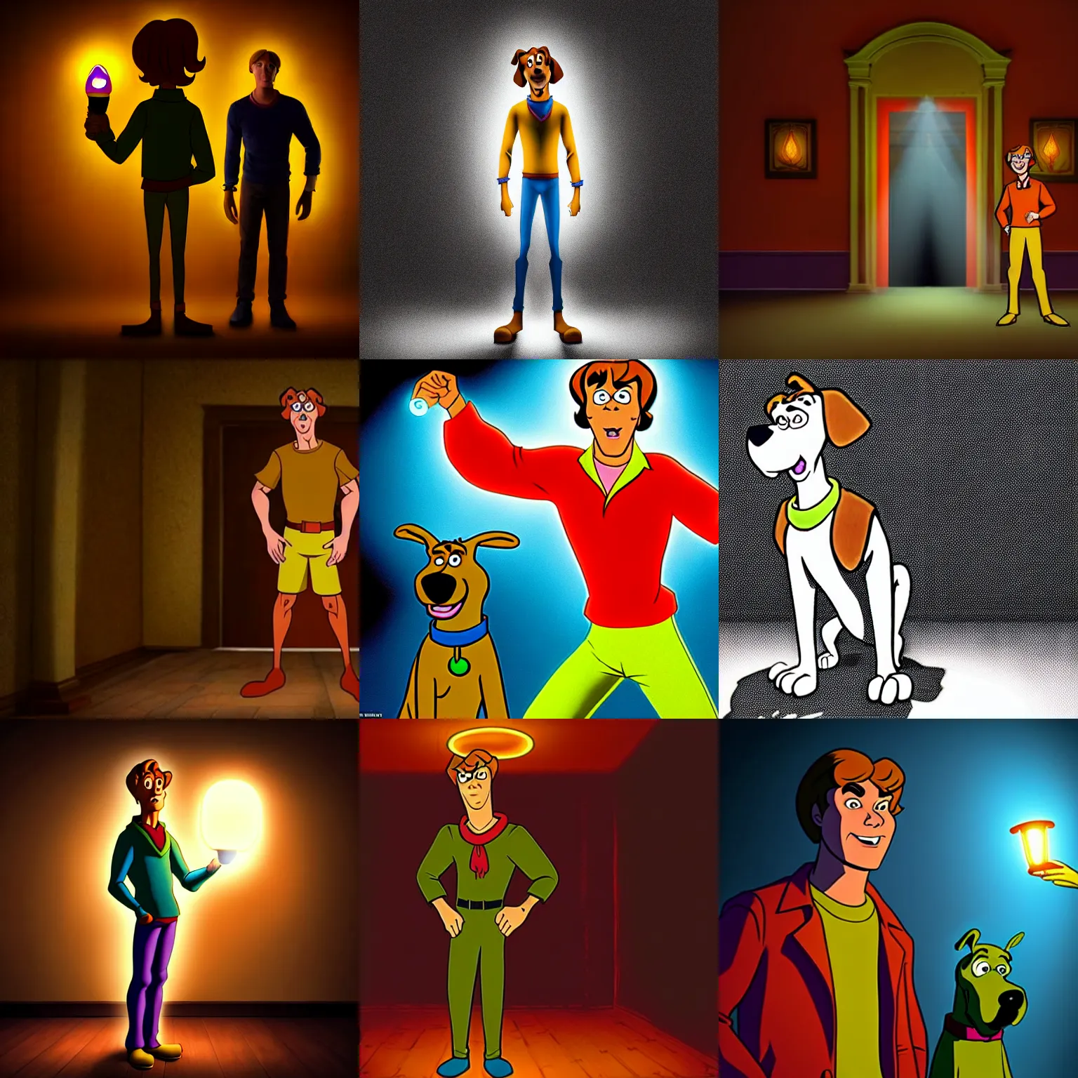 Prompt: scooby - doo as a real person stand in the middle of a dark room with a light from behind, realistic, intricate detail, photorealistic, highly detailed, cinematic atmosphere, dramatic