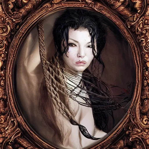 Image similar to portrait of a Shibari rope wrapped face and neck, headshot, insanely nice professional hair style, dramatic hair color, digital painting, of a old 18th century, traveler, amber jewels, baroque, ornate clothing, scifi, realistic, hyperdetailed, chiaroscuro, concept art, art by Franz Hals and Jon Foster and Ayami Kojima and Amano and Karol Bak,