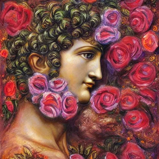 Image similar to portrait of a greek statue covered in roses, by josephine wall