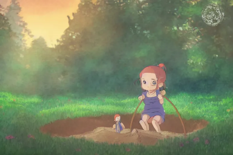 Image similar to Studio ghibli style little girl with two ponytails playing in a sandbox at sunset with a forest background, Studio ghibli, ultra realistic, fantasy, intricate, trending on artstation