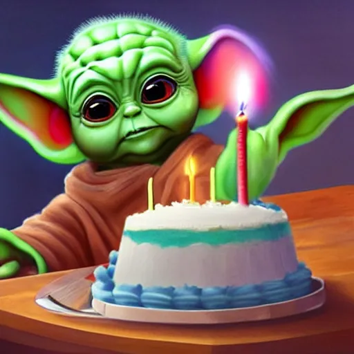 Prompt: (baby yoda) smashing his hand into his birthday cake with candles, mischievous, inquisitive, devious, hilarious, funny, by Tyler Edlin