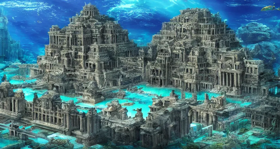Prompt: a magnificent underwater photo of the lost city of Atlantis, fully built buildings, hyper detailed, 4K
