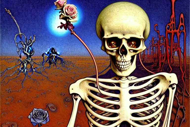 Prompt: realistic detailed portrait painting of a skeleton with a single rose wearing sci-fi helmet in a dystopian desert by Jean Delville, Amano, Yves Tanguy, Alphonse Mucha, Ernst Haeckel, Edward Robert Hughes, Roger Dean, rich moody colours, blue eyes