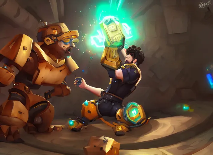 Image similar to willyrex being beaten by a huge golem, digital art, overwatch splashart