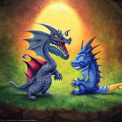 Image similar to dragon that is taming a gnome, gnome is being tamed by a dragon