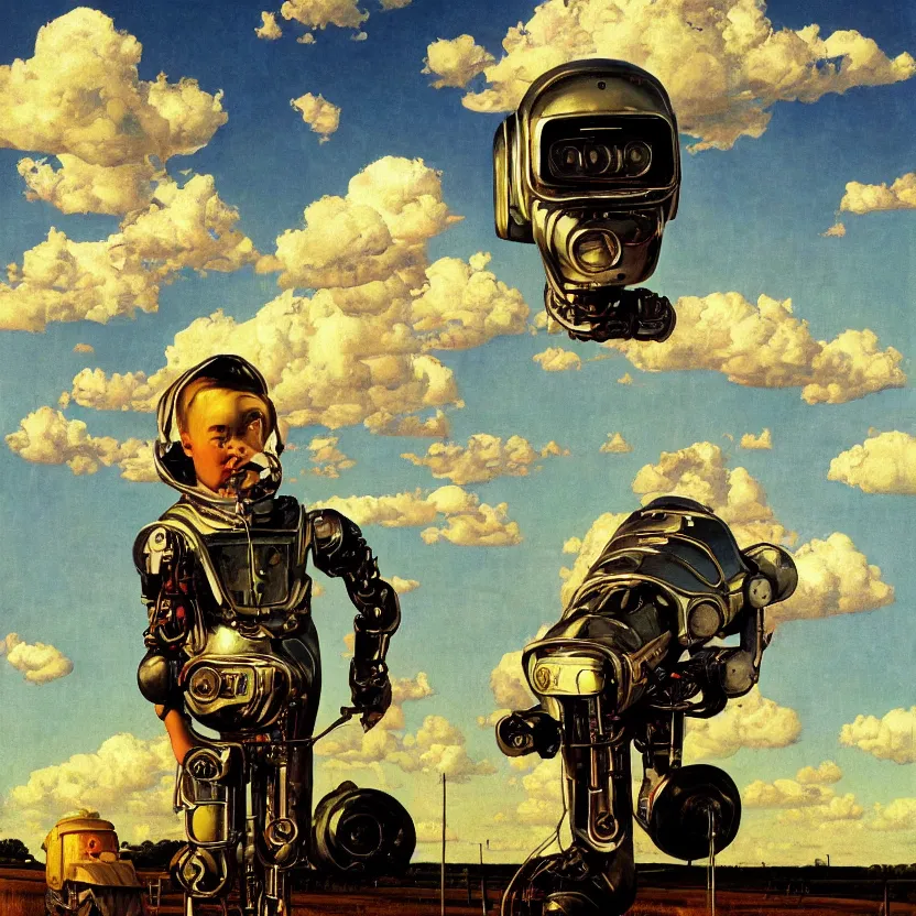 Image similar to portrait painting of a farmboy robot made of shiny reflective chrome in front of rolling cornfields and beautiful clouds at dusk, painted by norman rockwell. pulp sci - fi art for omni magazine. high contrast. dark background. baroque period, oil on canvas. renaissance masterpiece. trending on artstation. retrofuturism.