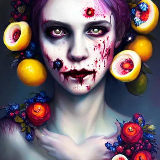 Prompt: portrait of a zombie punk covered in fruit, flowers, crystals, 4 k, atmospheric lighting, highly detailed, art by charlie bowater