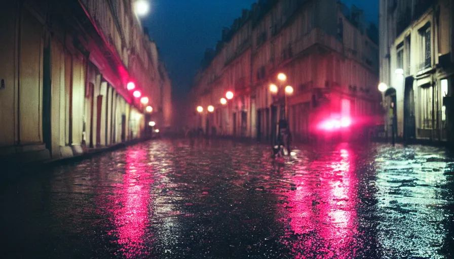 Prompt: street of paris photography, night, rain, mist, a pink umbrella on the floor, cinestill 8 0 0 t, in the style of william eggleston