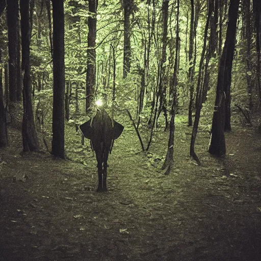 Prompt: nighttime trail-cam photo of an alien in the forest