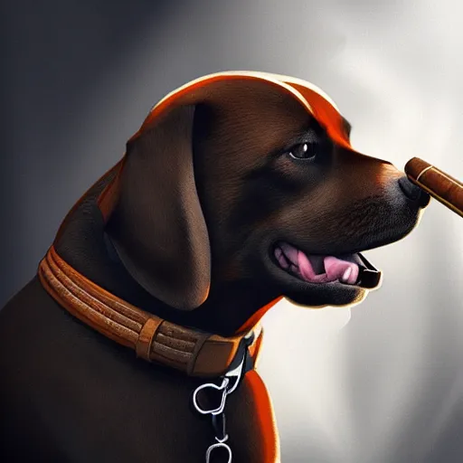 Image similar to a dog wearing smoking a cigar, dramatic lighting, cinematic, establishing shot, extremly high detail, photorealistic, cinematic lighting, concept art, artstation, style by greg rutkowsky