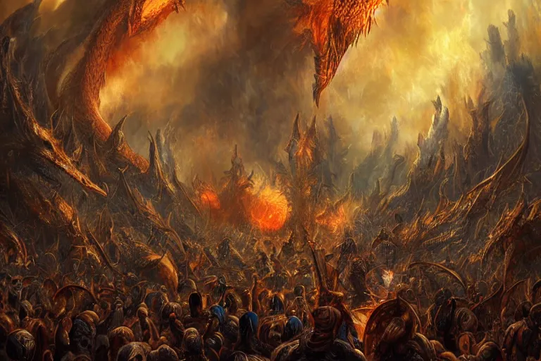 Prompt: ultra realist soft painting of a thousand warriors facing a single gigantic dragon breathing fire, very intricate details, golden ratio, volumetric rainbow lighting, reflections, refractions, symmetry accurate anatomy features, fantasy war scene background, unreal render, Boris Vallejo artstyle