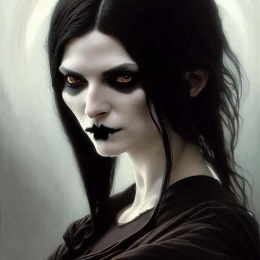 Prompt: portrait painting of an androgynous goth witch with shoulder length flowing black hair pale skin and beautiful dark brown eyes, ultra realistic, concept art, intricate details, eerie, highly detailed, photorealistic, octane render, 8 k, unreal engine. art by artgerm and greg rutkowski and alphonse mucha