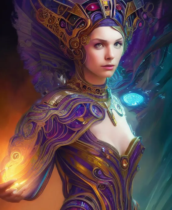 Image similar to a whirlwind of souls rushing inside the metaverse, half body, glowin eyes, tiara with sapphire, pharaoh, android, cyberpunk, d & d, fantasy, intricate, elegant, highly detailed, colorful, vivid color, digital painting, artstation, concept art, art by artgerm and greg rutkowski and alphonse mucha and ruan jia