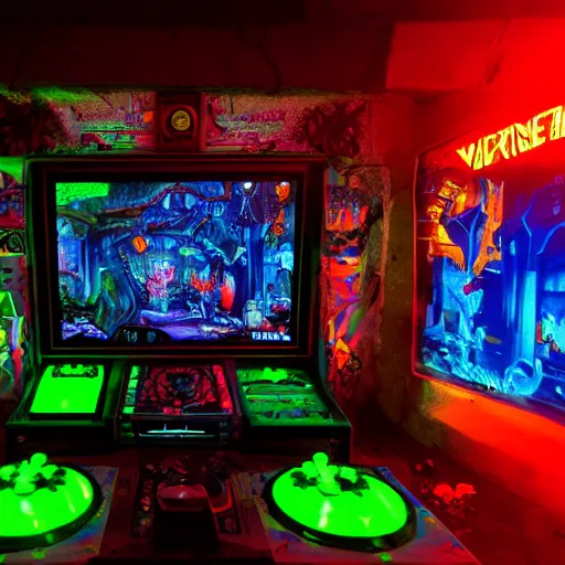 Prompt: video game arcade cabinet, glowing screen, close-up, catacombs, mist, illuminated, 80s, Derek Riggs, Dan Mumford, Wayne Barlow, and Stan and Jan Berenstain, deep color, looming, radiating, fluffy, intricate matte painting, trending on DeviantArt