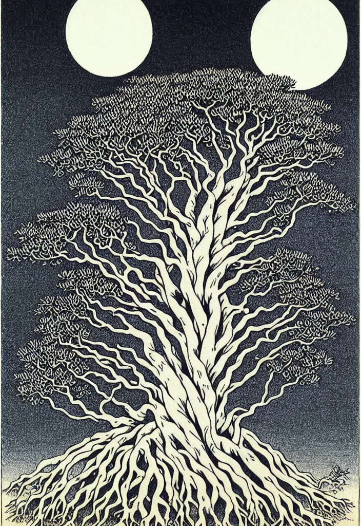 Image similar to prompt: magical white skeleton Bonsai tree roots merging into big moon drawn by Rene Magritte, Japanese woodblock print style, clean ink detailed line drawing, intricate detail, manga 1990