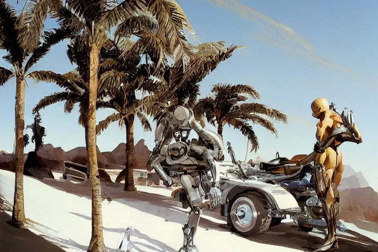 Image similar to natural american landscape | robot repairing another robot | palm trees | snowy mountains, painting by syd mead and weta studio and james jean, frank frazetta, highly detailed, rule of third, soft lighting, 8 k resolution, oil on canvas, architectural magazine, beautiful detailed, insanely intricate details, artstation trending, hypermaximalistic, high details, cinematic