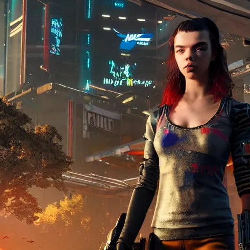 Image similar to Anya Taylor-Joy I'm cyberpunk 2077 unreal engine 5 4k volumetric lighting hyperdetailed photorealism HDR