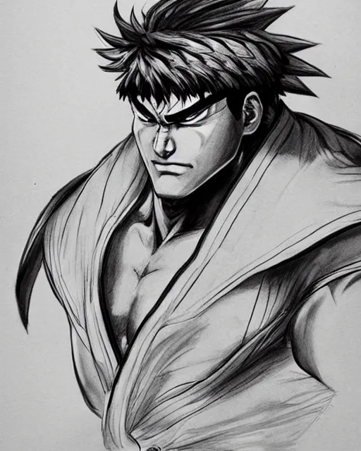 Image similar to ryu from street fighter, court room sketch, fine details, concept art, extremely detailed, black and white, very sharp, in the style of elizabeth williams