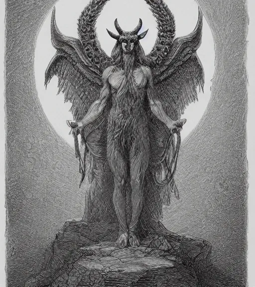 Image similar to baphomet pencil illustration by gustave dore, highly detailed, centered, concept art, smooth, sharp focus, illustration