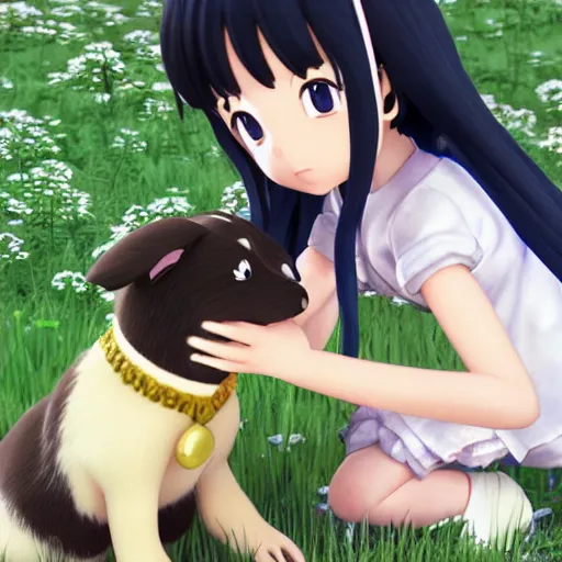 Prompt: Manga cover portrait of an extremely cute and adorable beautiful elated girl petting her new puppy, 3d render diorama by Hayao Miyazaki, official Studio Ghibli still, color graflex macro photograph, Pixiv, DAZ Studio 3D