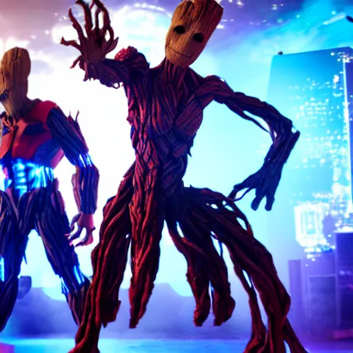 Image similar to groot and optimus prime dancing at techno party among people, wide shoot, after effect, ultra realistic