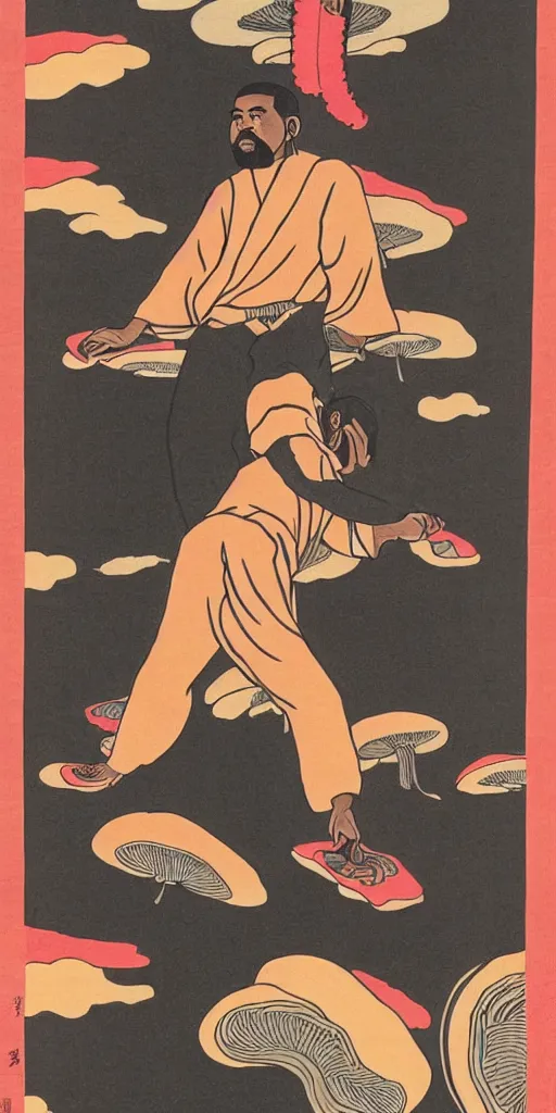 Prompt: a full body portrait of kanye west taking a bite of a giant psychedelic mushroom, ukio-e style,