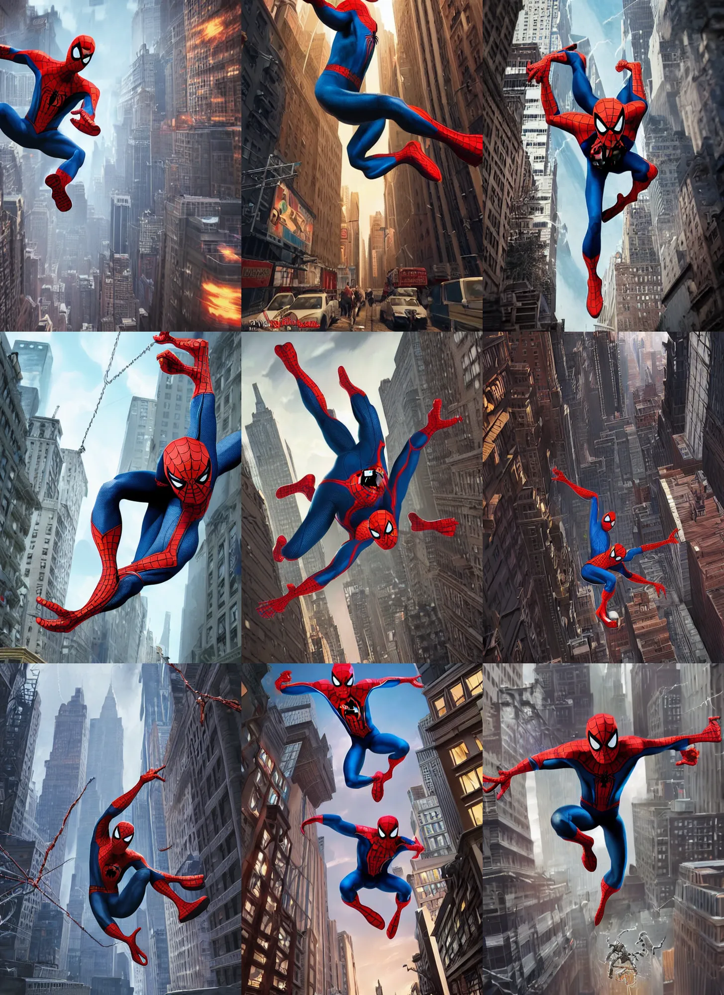 Prompt: very detailed 3 d model of peter parker spider man swinging through new york city doing an action pose, action scene, digital illustration, concept art, matte painting, digital painting, illustration, amazing value control, 8 k, ultra detailed, in the style of arcane, league of legends character splash art, minimal artifacts, ultra realistic