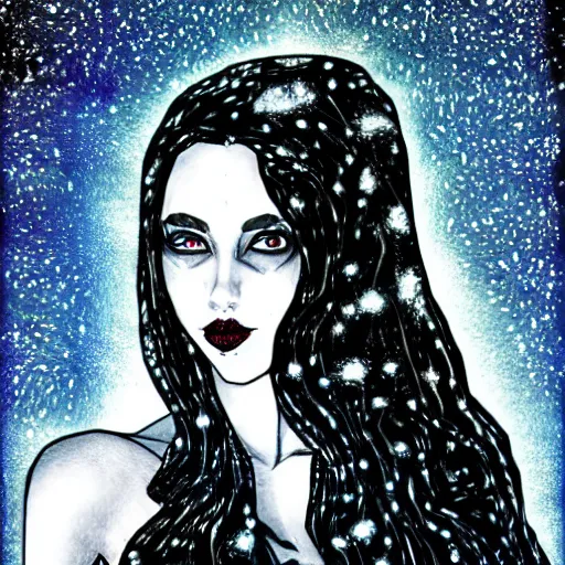 Image similar to vampire woman portrait made out of galaxies, beautiful, cyborg, tim burton comic book art