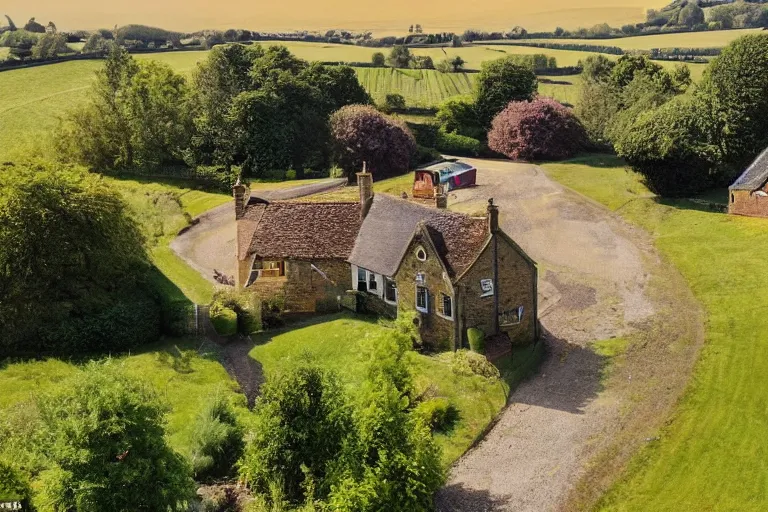 Image similar to an estate agent listing external photo of a 5 bedroom detached house made of gold in the countryside, sunny day, clear skies, by Paul Lehr