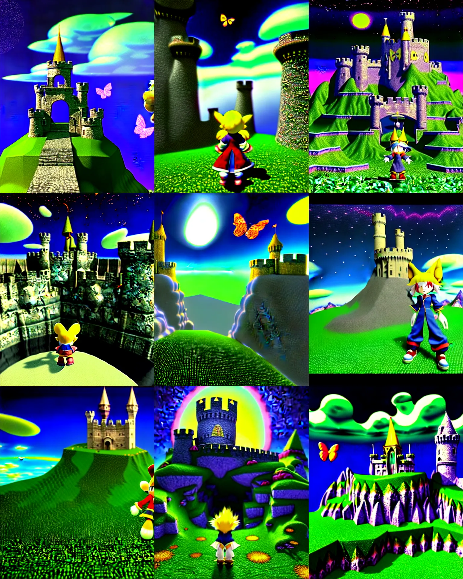 Prompt: 3 d render of chibi medieval wizard klonoa standing in raytraced mountain landscape with castle ruins against a psychedelic surreal background with 3 d butterflies and 3 d flowers n the style of 1 9 9 0's cg graphics against the cloudy night sky, lsd dream emulator psx, 3 d rendered y 2 k aesthetic by ichiro tanida, 3 do magazine, wide shot