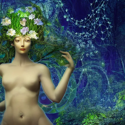 Prompt: glowing delicate flower and mushrooms that grow in a dark fatansy forest on the planet Pandora, an idealistic marble statue with fractal flowery hair in a fractal garden, symmetrical,