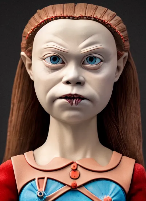 Image similar to closeup face profile portrait of tin toy greta thunberg as nosferatu, bikini, depth of field, zeiss lens, detailed, symmetrical, centered, fashion photoshoot, by nicoletta ceccoli, mark ryden, lostfish, breathtaking, 8 k resolution, extremely detailed, beautiful, establishing shot, artistic, hyperrealistic, octane render