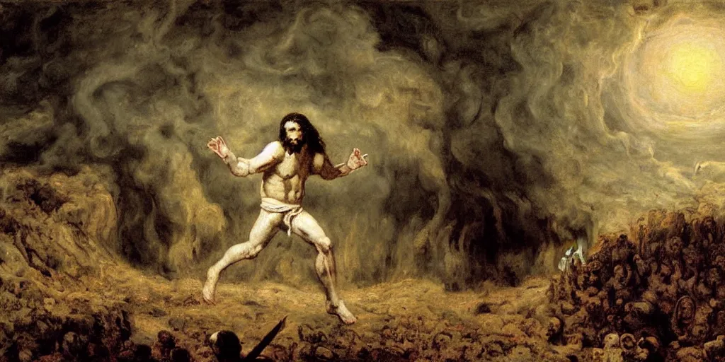 Prompt: Jesus Christ, walking through hell, to destroy Satan's kingdom, a fantasy digital Painting, by Gustave Courbet