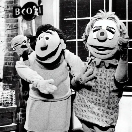 Image similar to bert and ernie playing with human puppets on the set of sesame street