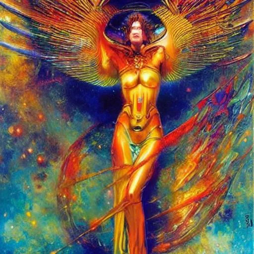Prompt: Portrait of a cool looking cosmic robotic angel. Vibrant colors, irrdescent glow, Tonalism Painting by James Gurney, Amano, Karol Bak, Max Ernst, Adrian Ghenie, Walton Ford