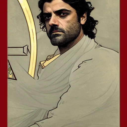 Image similar to oscar isaac portrait by louis - theophile hingre and alphonse mucha, realistic, sharp focus, zodiac signs, tarot cards, planets, ethereal, art nouveau, magic, moon, sun, crown, dreamy, royal, jewellery