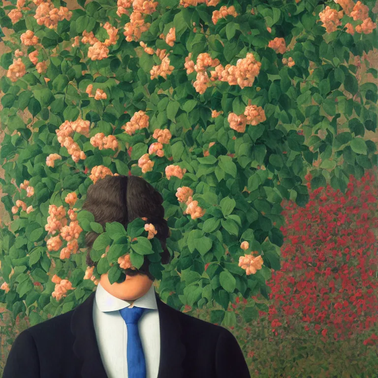 Image similar to portrait of a man, face hidden by beautiful flowers, by rene magritte, detailed painting, hd, hq, high resolution, high detail, 4 k, 8 k