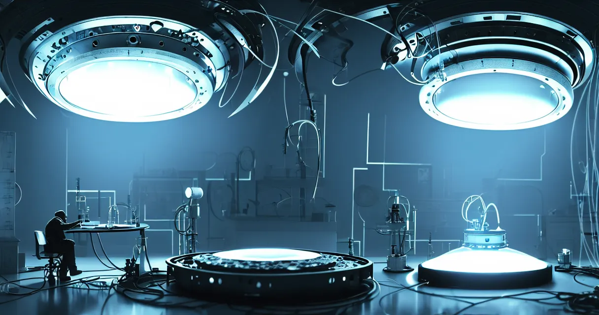 Image similar to engineer carefully repairs top secret flying saucer with ripped reactor, in the hightech laboratory full of different advanced metal equipments like holographic tomograph, quantum sensor resonator, laser atomic microscope, electronic machines and military scientific parts, very high details, volumetric fog, raytracing, back light, raymarching, by ilm, by digital domain, by weta digital